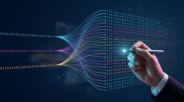 Digital data flow visualization with binary code and human hand