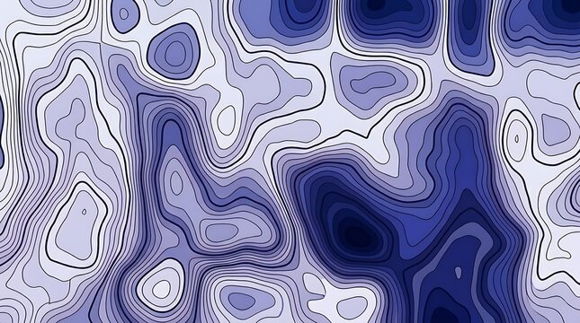 Dynamic, organic, map-like patterns are formed by concise topographic illustration with layered dark blue and white contour lines and smooth gradients.