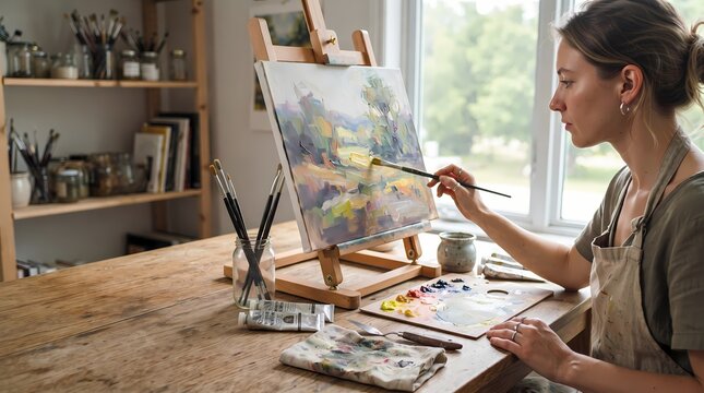 A diligent young female painter focuses on capturing a scenic landscape view onto her canvas while sitting inside a bright sunlit atelier filled with various necessary professional creative