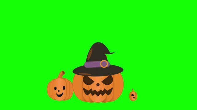 Animated of Three playful pumpkins on a bright green screen background featuring a central jack-o'-lantern wearing a witch hat flanked by two smiling pumpkins, perfect for Halloween, party, and etc