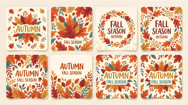 Autumn leaves square cards collection fall season typography designs