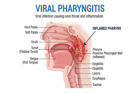 Medical Illustration of Viral Pharyngitis Showing Anatomy of the Human Throat and Inflamed Pharyngeal Tissue