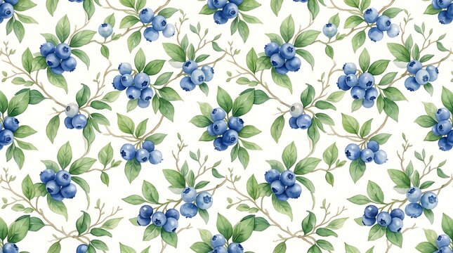 Watercolor blueberry seamless pattern with green leaves and branches for fresh food textile design