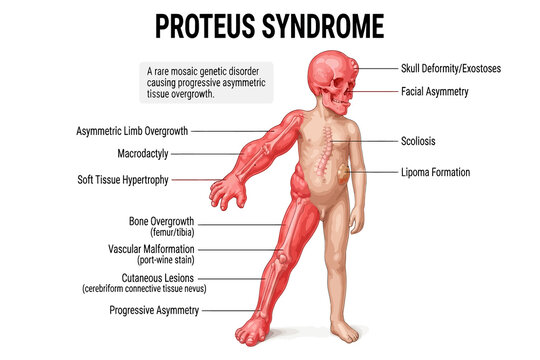 Medical Infographic Illustrating Physical Symptoms and Progressive Bone Growth Characteristics of a Rare Genetic Disorder