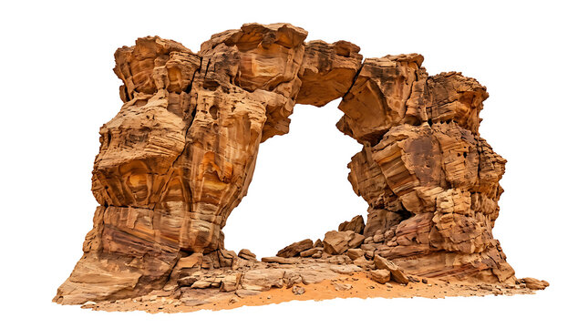 Natural sandstone rock arch formation isolated on white background for desert landscape