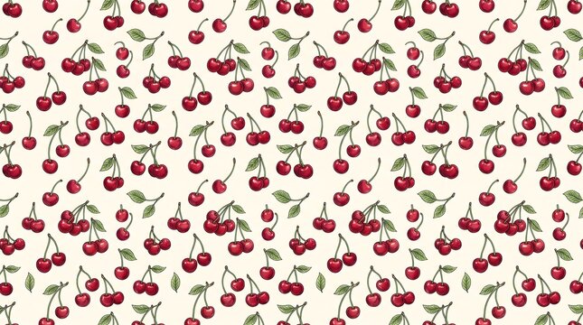Sweet red cherry seamless pattern with green leaves for decorative kitchen fabric background design