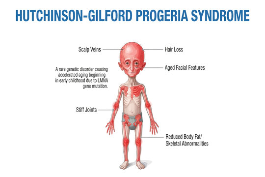 Medical infographic depicting physical features and symptoms of a child with Hutchinson-Gilford progeria syndrome