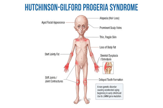 Medical illustration showing progeria syndrome clinical symptoms and physical features in a child