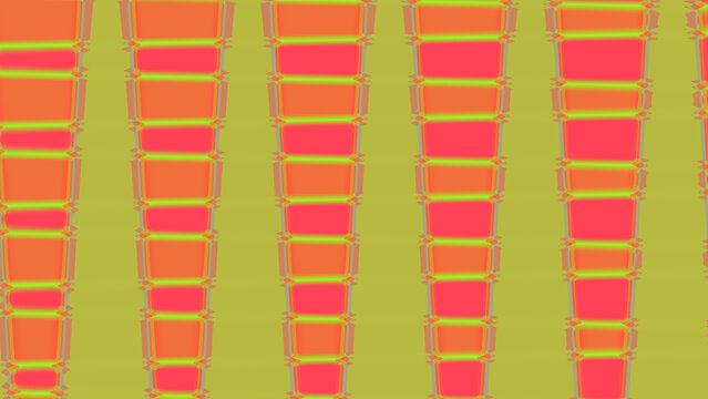 Abstract geometric pattern with vertical columns of repeating trapezoidal shapes in vibrant orange, red, and lime green colors, modern digital art background