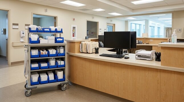 Restocking cart standing beside a nurses station counter, environmental view &ndash; hospital restocking cart, medical supply cart, healthcare inventory replenishment