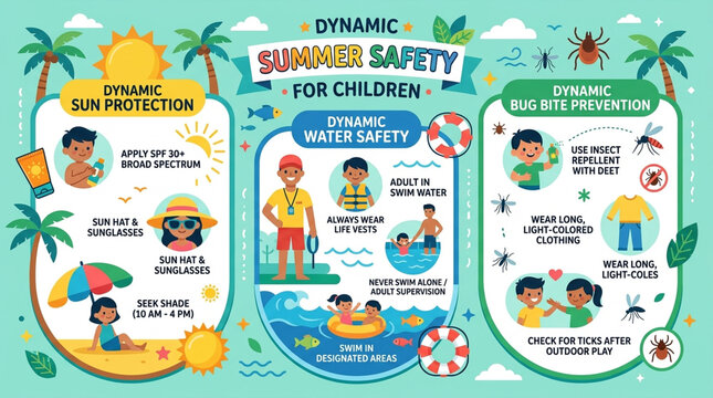 Educational Summer Safety Infographic for Children featuring Sun Protection, Water Safety, and Bug Bite Prevention Tips