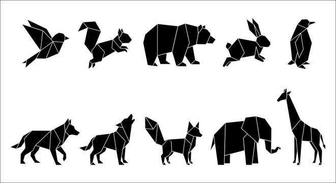 Polygonal animal collection features a bird avian bear canine digital elephant fauna flat fox giraffe