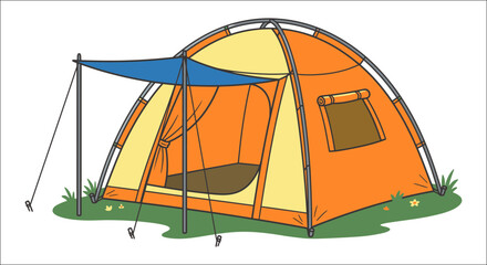 An orange camping tent with a blue awning is depicted in a colorful vector illustration © Exclusive Vectors