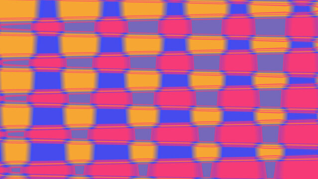 Abstract geometric pattern with vibrant orange, blue, and pink horizontal and vertical wavy lines creating a modern checkered grid background