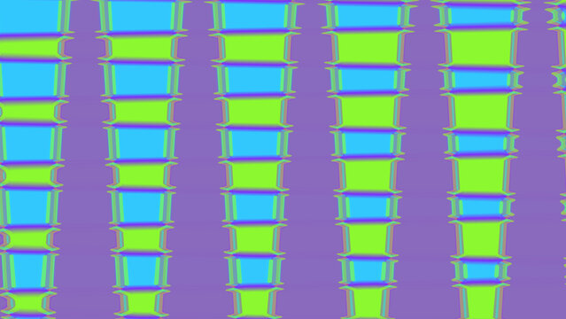 Abstract geometric pattern with vertical columns of alternating blue and lime green rectangles on a purple background