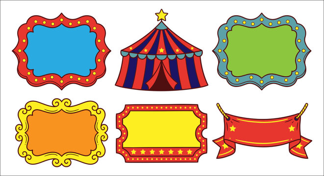 Colorful circus tent and ornate frame illustrations on a white background create a festive collection