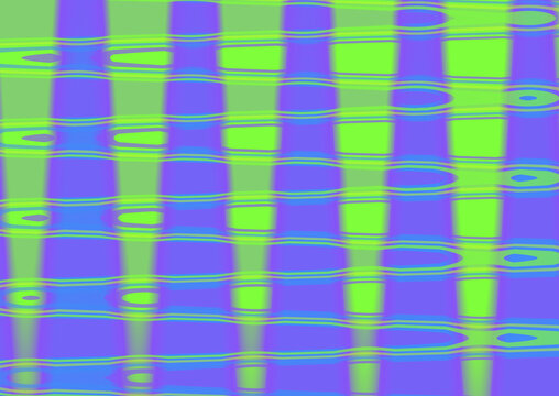 Abstract background with a vibrant grid pattern of vertical and horizontal wavy lines in neon green and purple colors