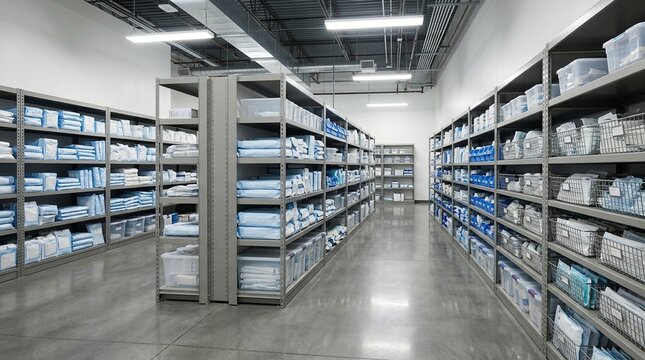 Central sterile supply department shelves stocked evenly with wrapped instrument sets, environmental view &ndash; CSSD sterile processing, hospital sterilization department, surgical instrument storage