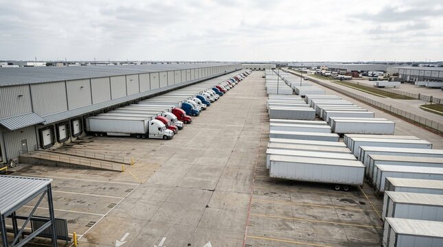 Supply chain loading dock viewed from an elevated platform, wide view &ndash; hospital loading dock, warehouse receiving bay, supply chain logistics facility