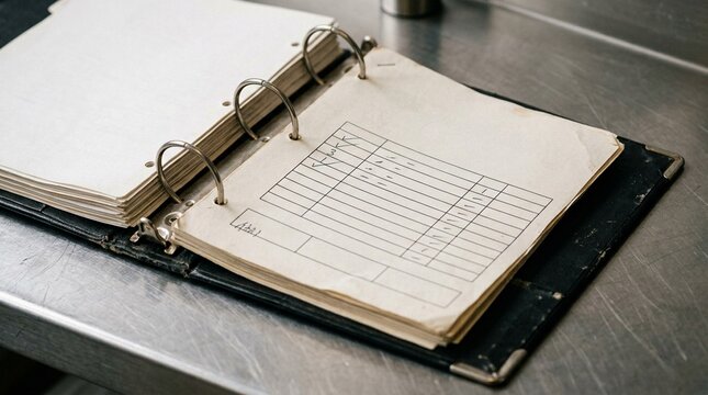 Supply requisition form tucked into a supply chain binder, close-up detail &ndash; hospital supply requisition form, medical inventory paperwork, healthcare stock documentation