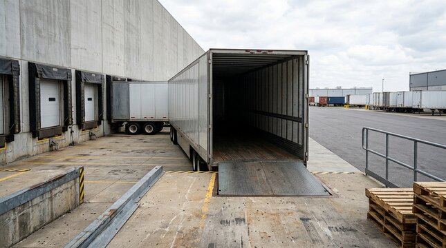 Supply chain loading dock standing beside an open trailer, environmental view &ndash; hospital loading dock, warehouse receiving bay, supply chain logistics facility