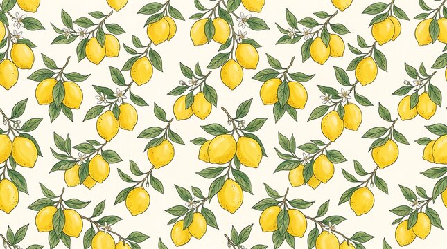 Seamless pattern with hand drawn lemons and green leaves on a light cream background texture