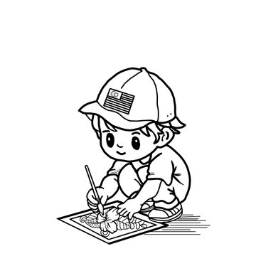Hand Drawn Malaysian Kid Coloring Hibiscus Flower Line Art