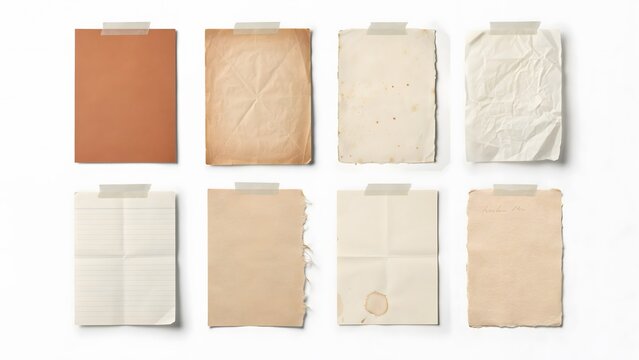 Collection of various vintage paper sheets with tape, isolated on white background