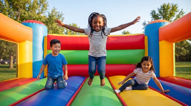 Happy diverse children enthusiastically jumping and playing together on a vibrant inflatable bounce house outdoors
