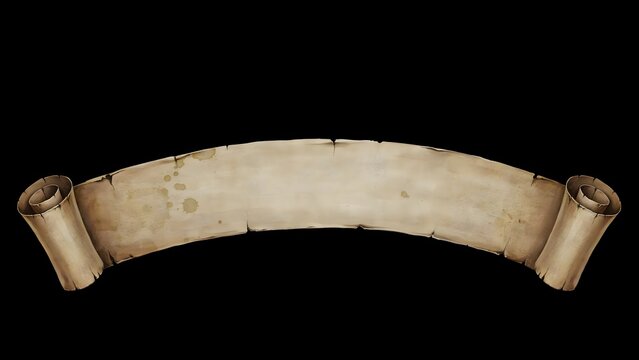 Vintage parchment paper scroll banner isolated on black background, old paper scroll with curled edges for text or design elements