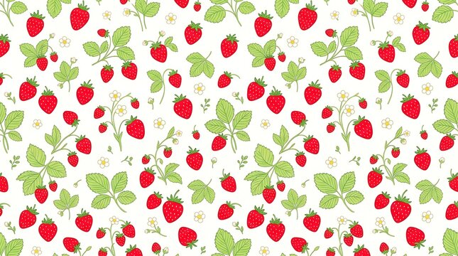 Seamless pattern with hand drawn strawberries and green leaves on a white background wallpaper