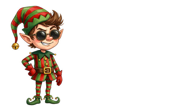 A hilarious confident fully cartoon illustrated Christmas elf wearing oversized round sunglasses, raised eyebrow and a cool crooked smile, pointed ears, tall floppy red-and-green elf hat, 