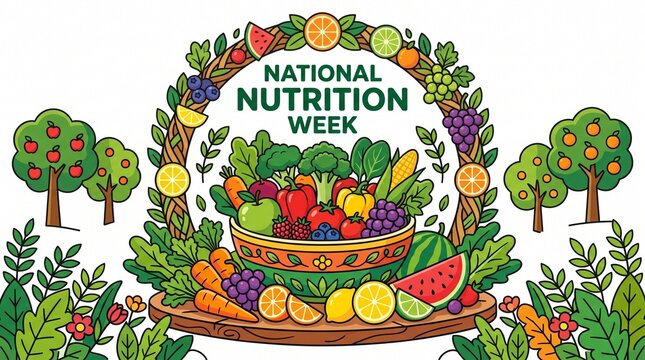 Colorful illustration celebrating healthy food consumption.
