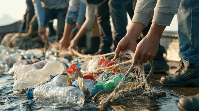 Hands collecting plastic bottles and mixed waste with net in shallow water, shoreline cleanup and marine pollution recovery