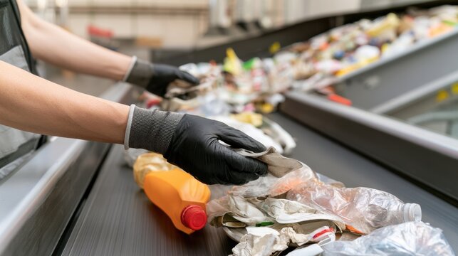 Gloved hands sorting plastic waste on conveyor belt, recycling facility workflow and material recovery concept