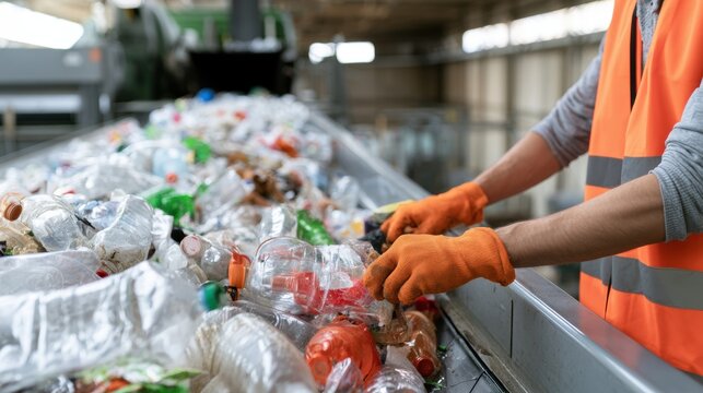 Gloved worker sorting plastic bottles on recycling conveyor, waste processing and material recovery in industrial recycling facility