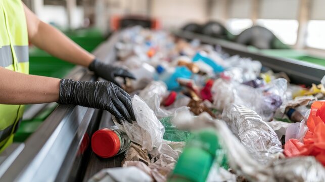 Gloved hands sorting plastic waste on conveyor belt in recycling facility, material separation and pollution recovery workflow
