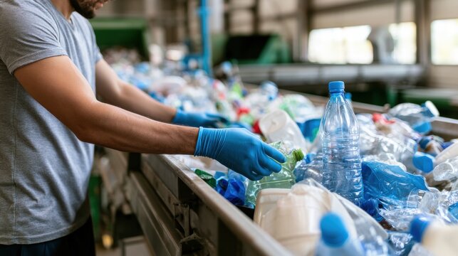 Gloved worker sorting plastic bottles on conveyor at recycling facility, waste processing and environmental cleanup concept