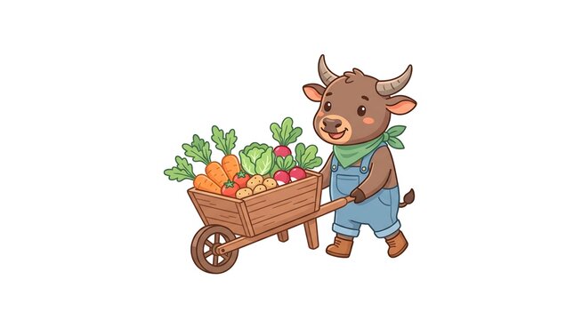 Cute anoa working as a vegetable farmer, pushing a small wheelbarrow filled with freshly harvested vegetables, colorful pastel flat illustration