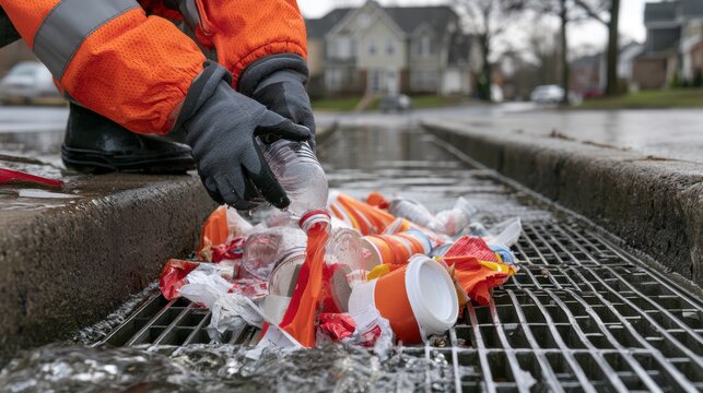 Gloved hands collecting plastic bottles and cups from storm drain grate beside running water, roadside cleanup and pollution control