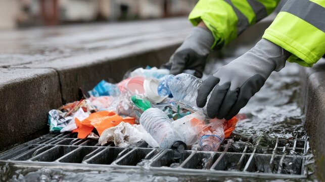 Gloved worker removing plastic bottles and packaging from storm drain, water cleanup and pollution prevention concept