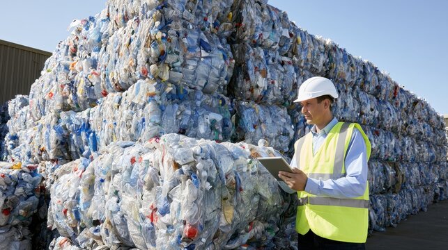 Worker using tablet beside stacked plastic waste bales outdoors, recycling facility inspection and waste management workflow