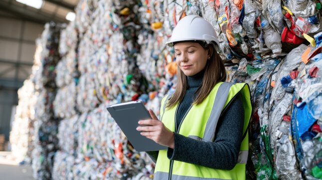 Woman inspecting tablet beside compressed plastic bales in recycling facility, waste sorting, recycling management and environmental sustainability workflow