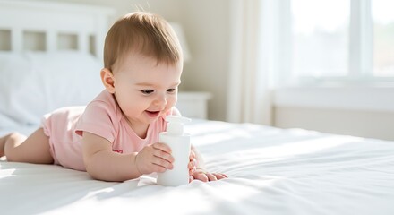Fototapeta premium Curious Baby Girl Exploring Lotion Bottle on Bed