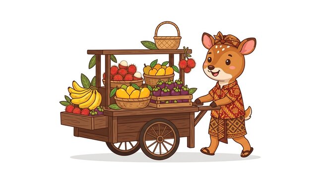Cute Indonesian mouse-deer working as a traditional-style fruit seller, pushing a small wooden fruit cart filled with bananas, rambutan, mangoes, and mangosteen, colorful flat illustration