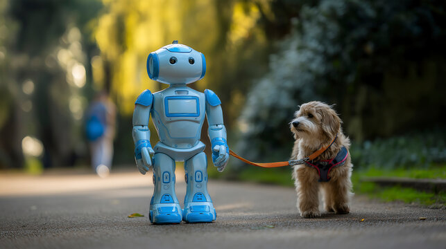 Friendly humanoid robot walking a dog on a leash in a sunny park.