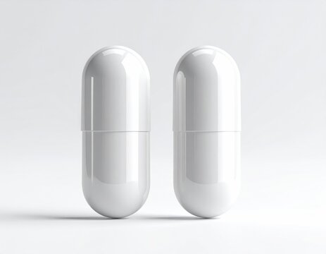 Two glossy white pharmaceutical capsules stand side-by-side on a clean white surface