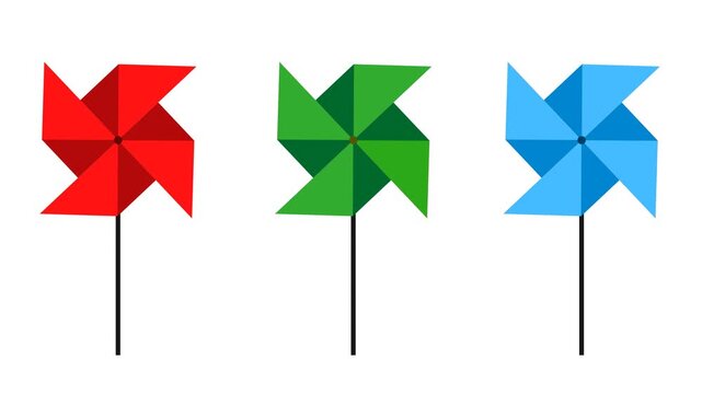 origami paper pinwheel animation on a transparent background, animation of three paper pinwheels in different colors, namely red, green, and blue, the paper pinwheels spin repeatedly