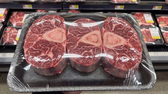 Three fresh raw beef osso buco cuts packed in plastic tray at grocery store