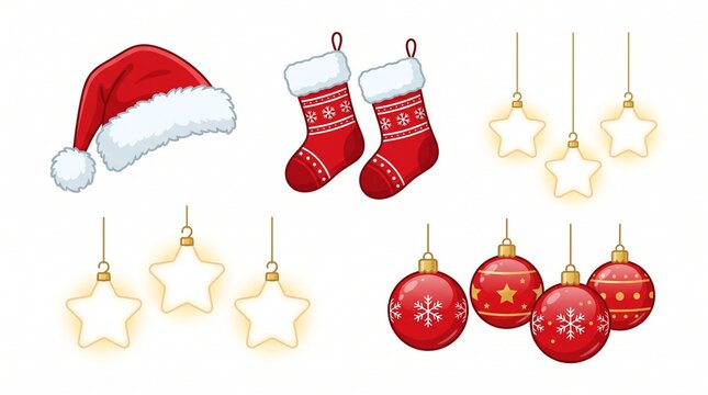 ​A collection of red Christmas vector elements, including a Santa hat, stockings, glowing star lights, and bauble ornaments on a white background.
